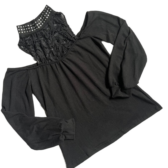 NWOT CHICME BLACK LONG SLEEVE MOCKNECK BLOUSE W/ BLING, LACE AND COLD SHOULDERS - Picture 3 of 8